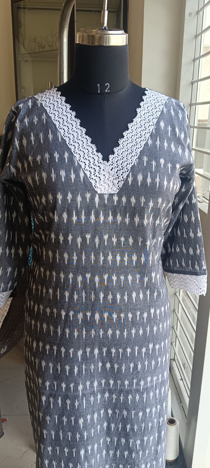 170 Grey Ikkat Cotton Kurta With White Lace Detailing