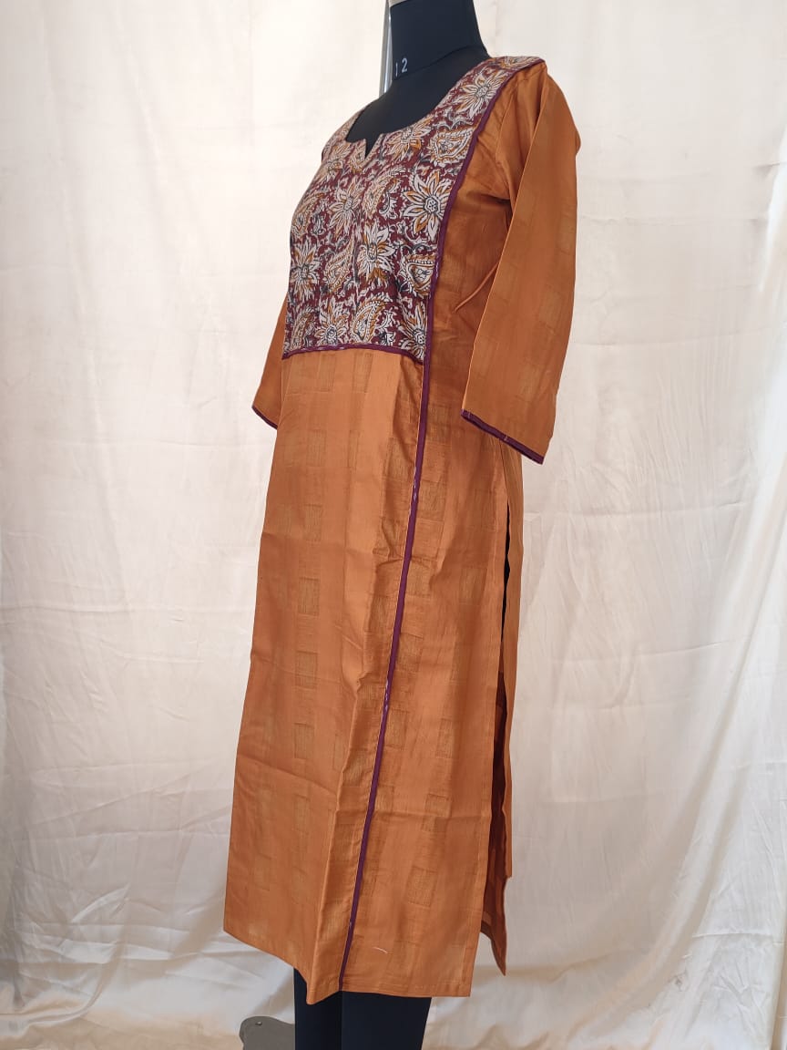 54 Mustard Colour A Line Kurti With Kalamkari Patch