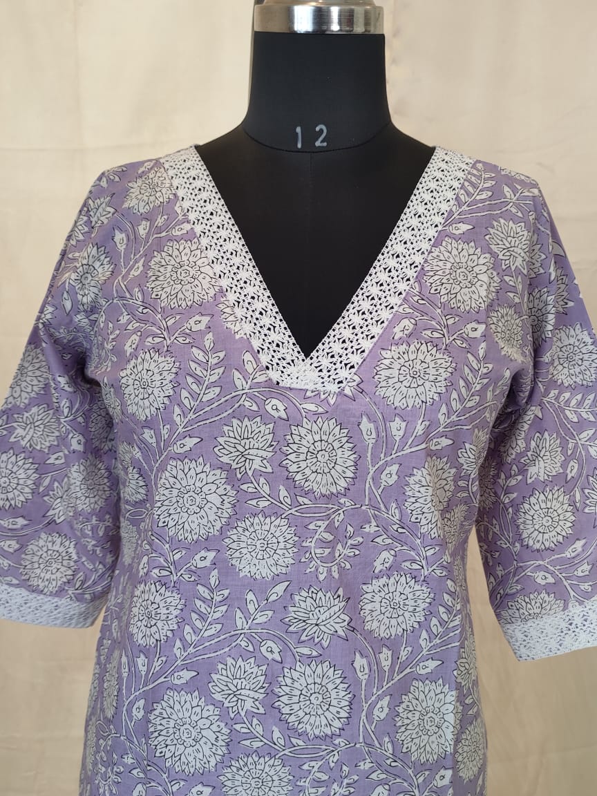 48 Lavender Colour Printed Kurta With Lace Detailing