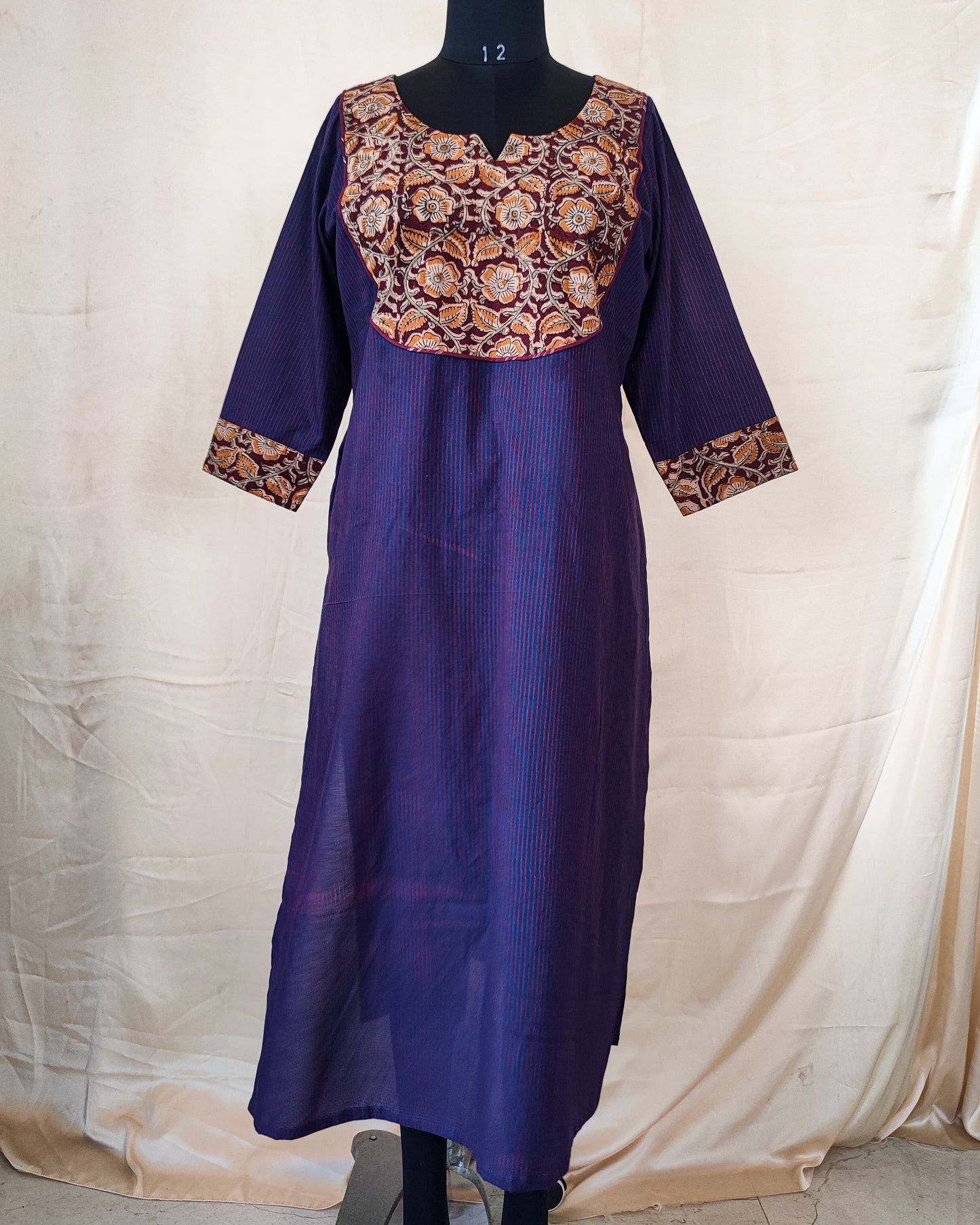 25 Blue Stripes Kurta With Kalamkari Yoke Patch