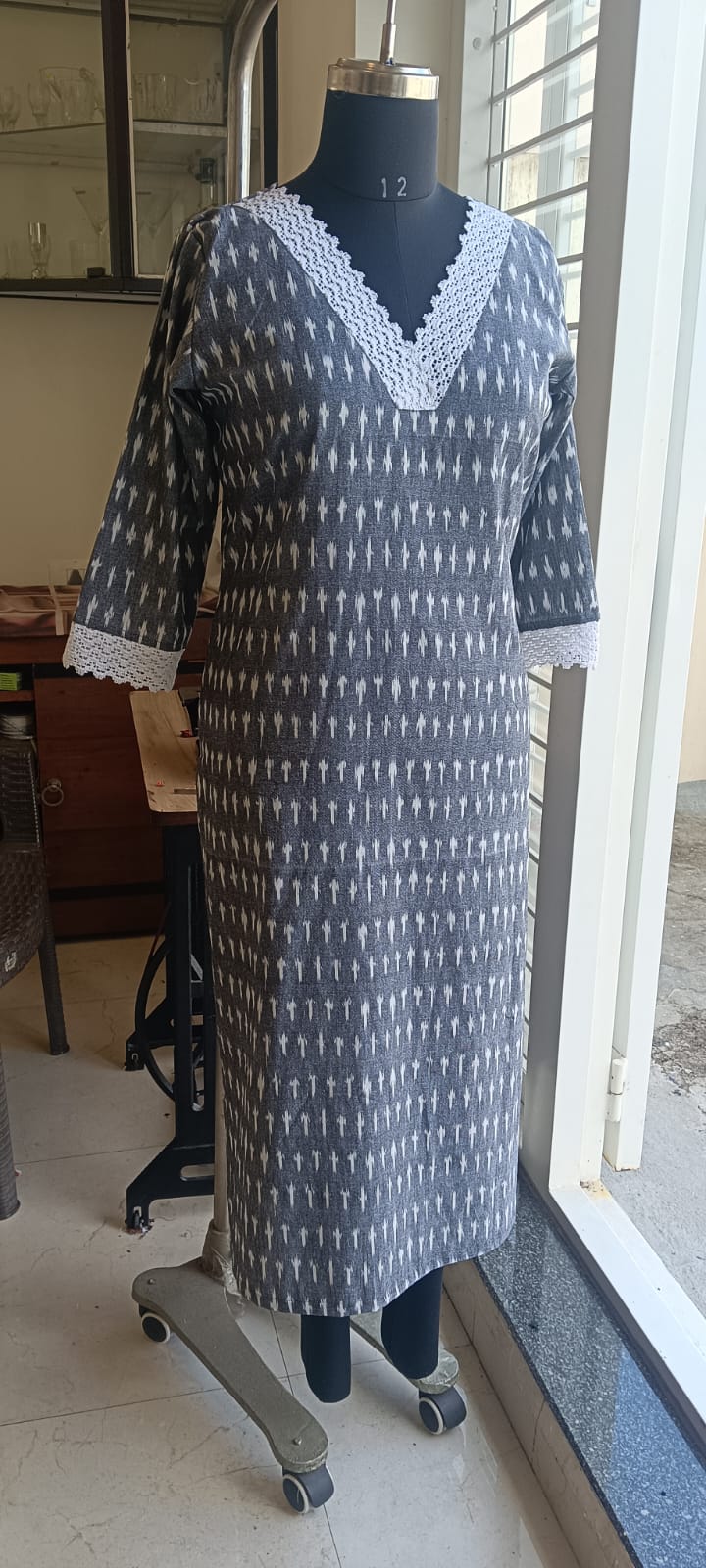 170 Grey Ikkat Cotton Kurta With White Lace Detailing