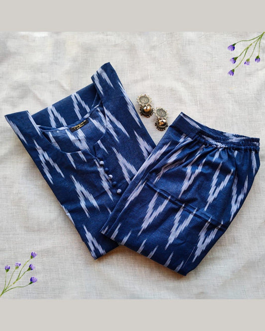88 Blue Ikkat co-ord set with potlis.