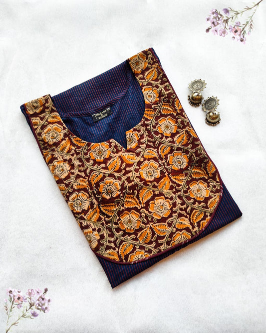 25 Blue Stripes Kurta With Kalamkari Yoke Patch