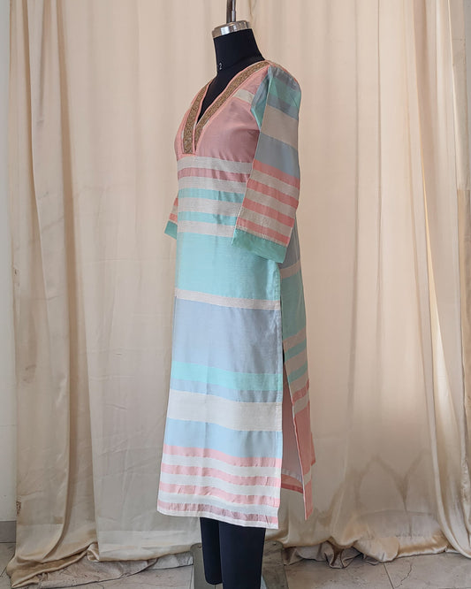 166 Pastel Coloured Chanderi Kurta With Lace Detailing