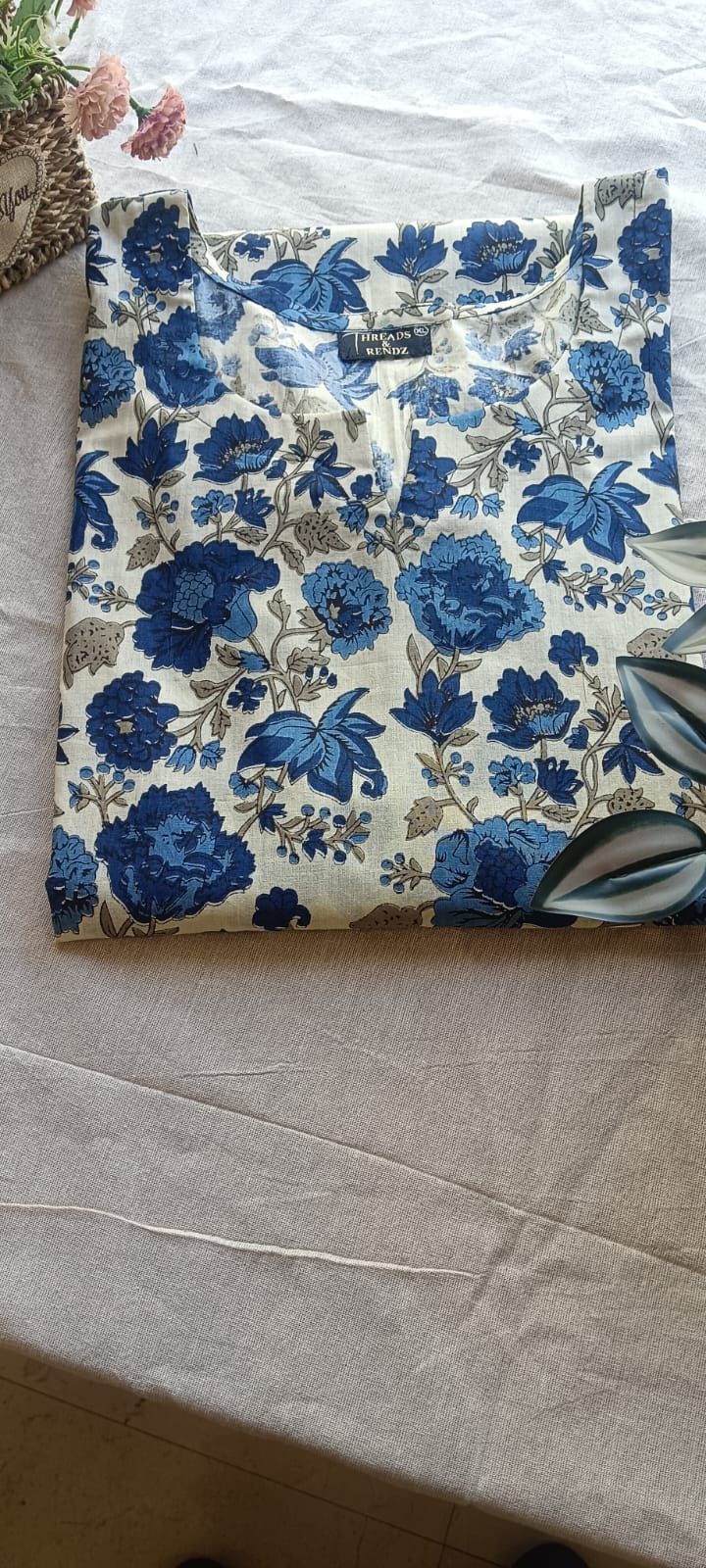 169 Cream And Blue Printed Apple Cut Kurta