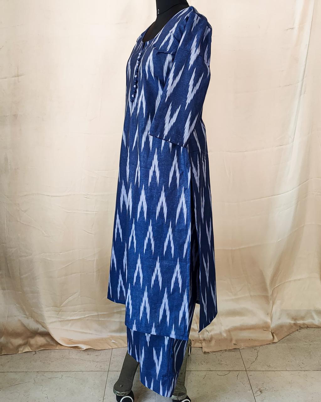 88 Blue Ikkat co-ord set with potlis.