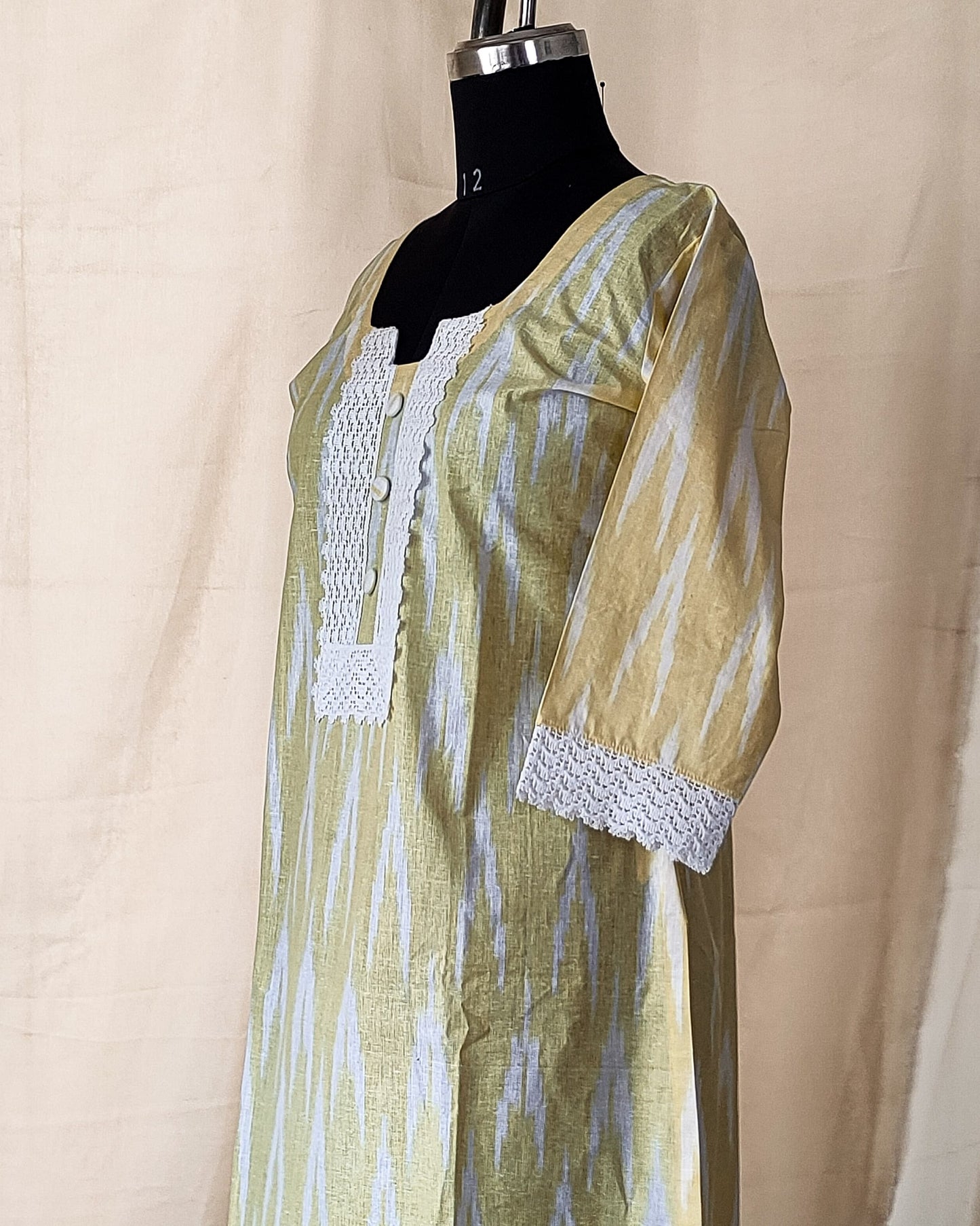 96 Yellow ikkat co-ord set with lace detailing