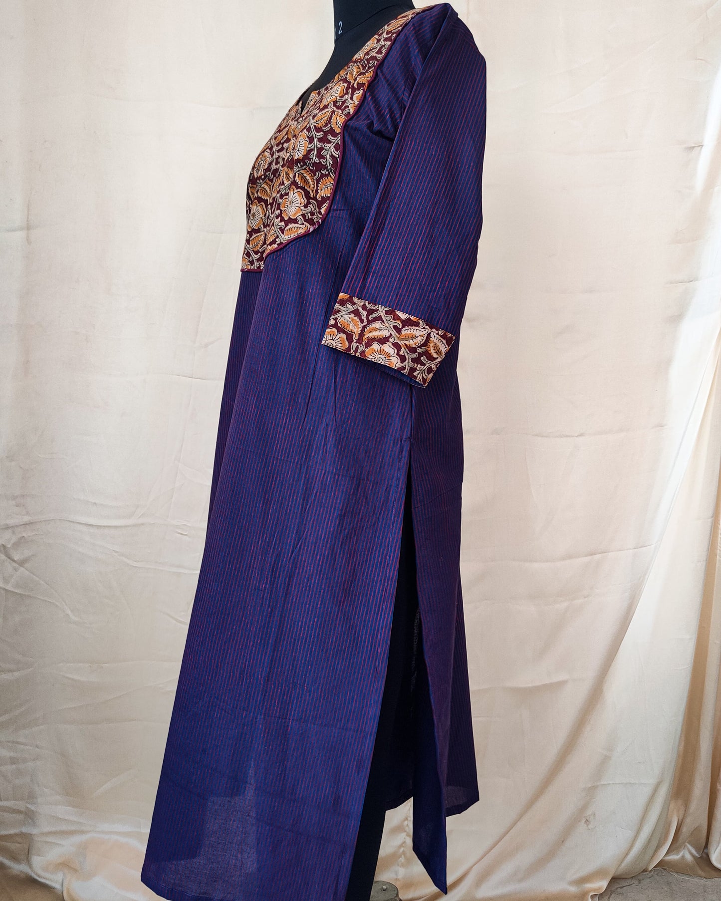 25 Blue Stripes Kurta With Kalamkari Yoke Patch