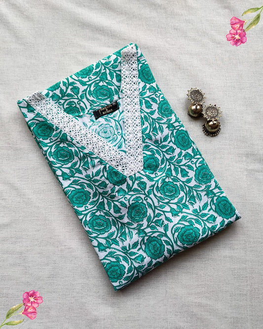 89A Green and white printed A-line cotton kurta with lace detailing