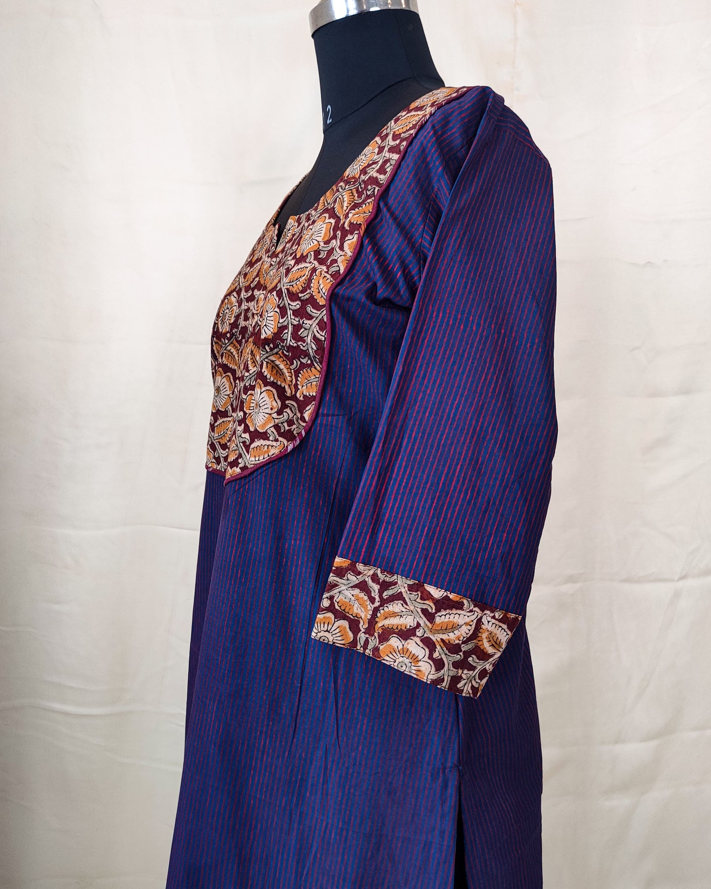 25 Blue Stripes Kurta With Kalamkari Yoke Patch