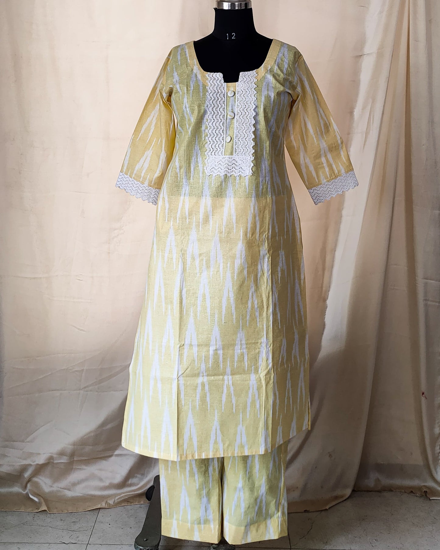 96 Yellow ikkat co-ord set with lace detailing