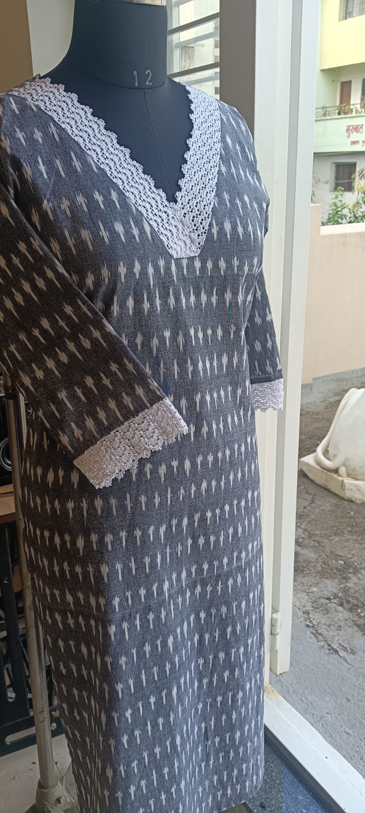 170 Grey Ikkat Cotton Kurta With White Lace Detailing