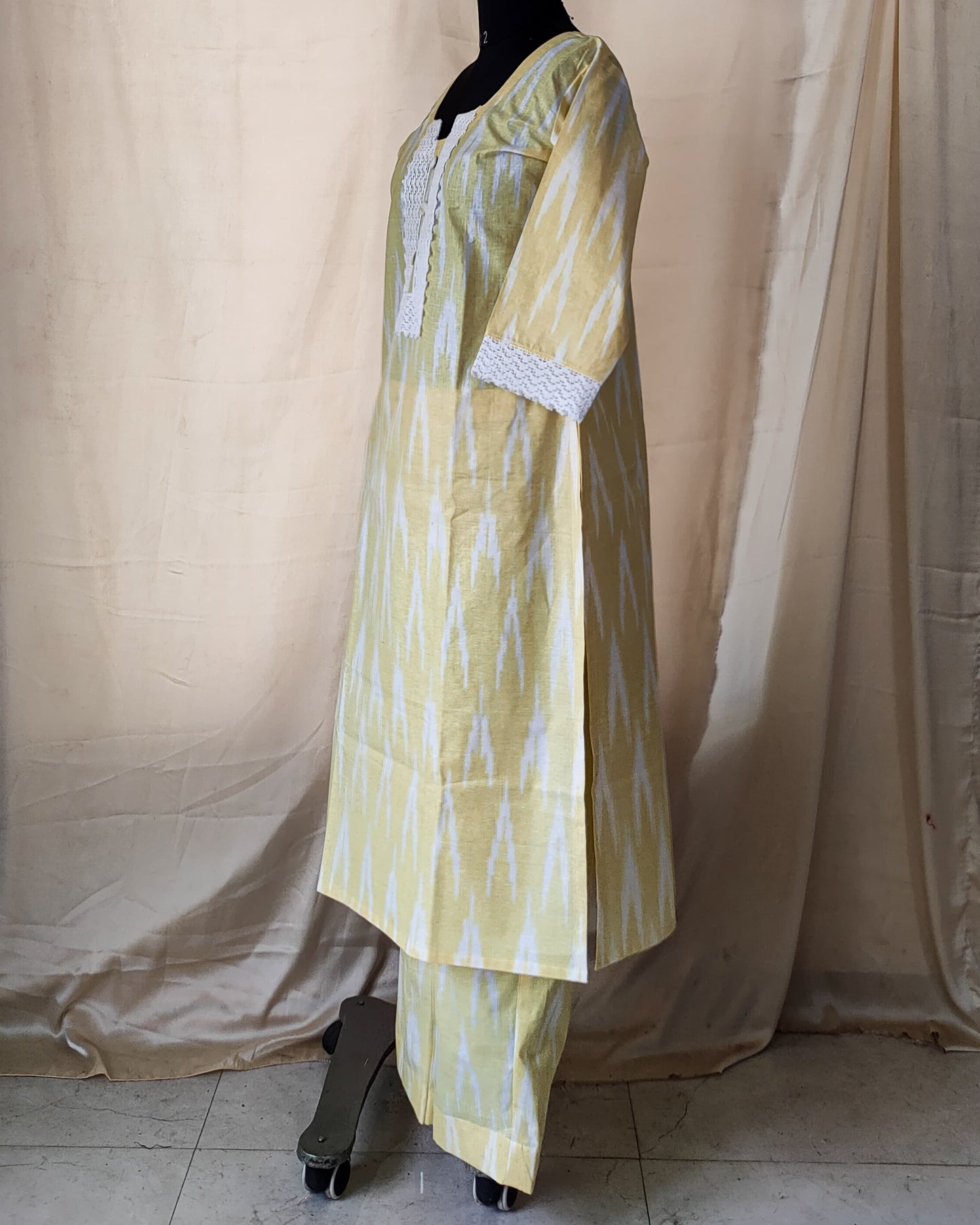 96 Yellow ikkat co-ord set with lace detailing