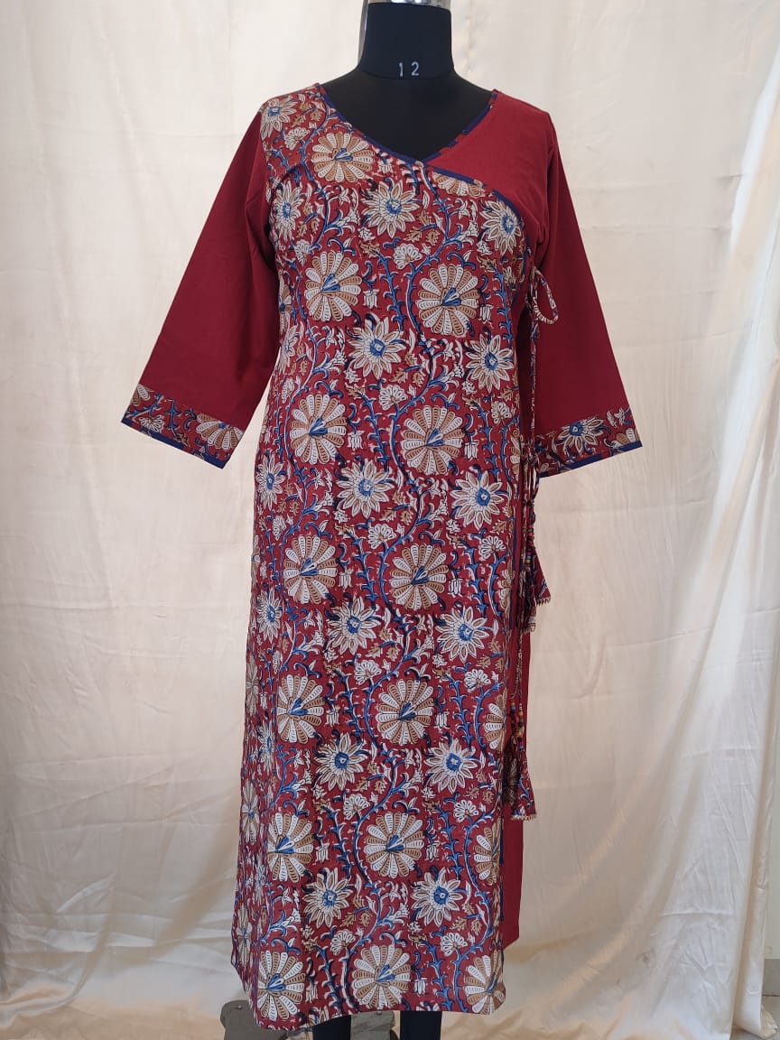 46 Marron Kurti With Kalamkari Overlap Pattern With Tassels
