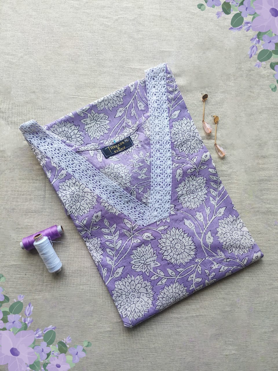 48 Lavender Colour Printed Kurta With Lace Detailing