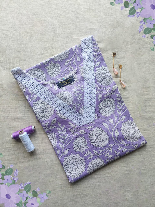48 Lavender Colour Printed Kurta With Lace Detailing