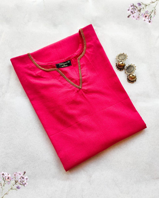28 Plain Pink Kurti With Golden Lace Detailing