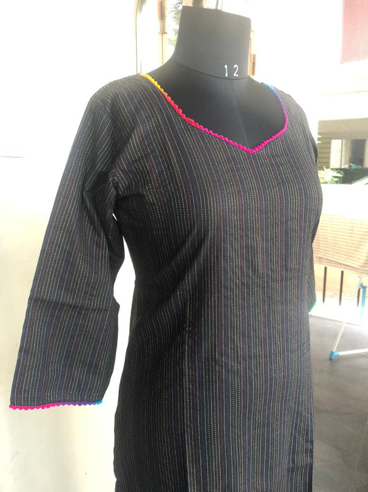 79 Black Kurta with Multicoloured Lace