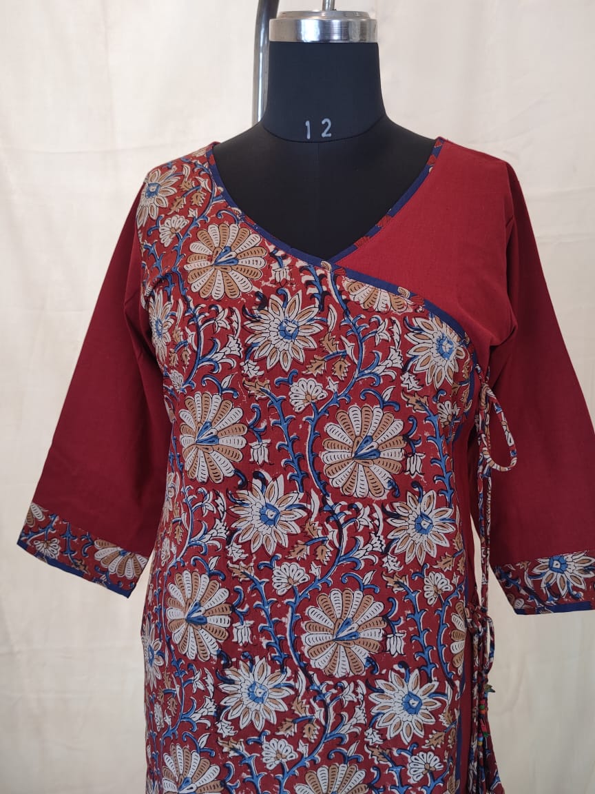 46 Marron Kurti With Kalamkari Overlap Pattern With Tassels
