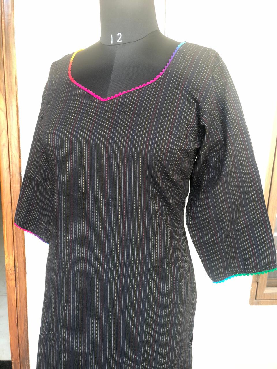 79 Black Kurta with Multicoloured Lace
