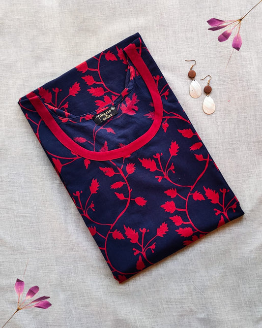 56 Navy Blue And Red Printed Kurti