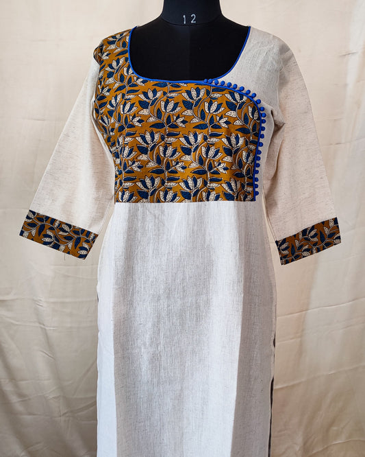 20 Cream Kurta With Blue And Mustard Yoke And Blue Potlis