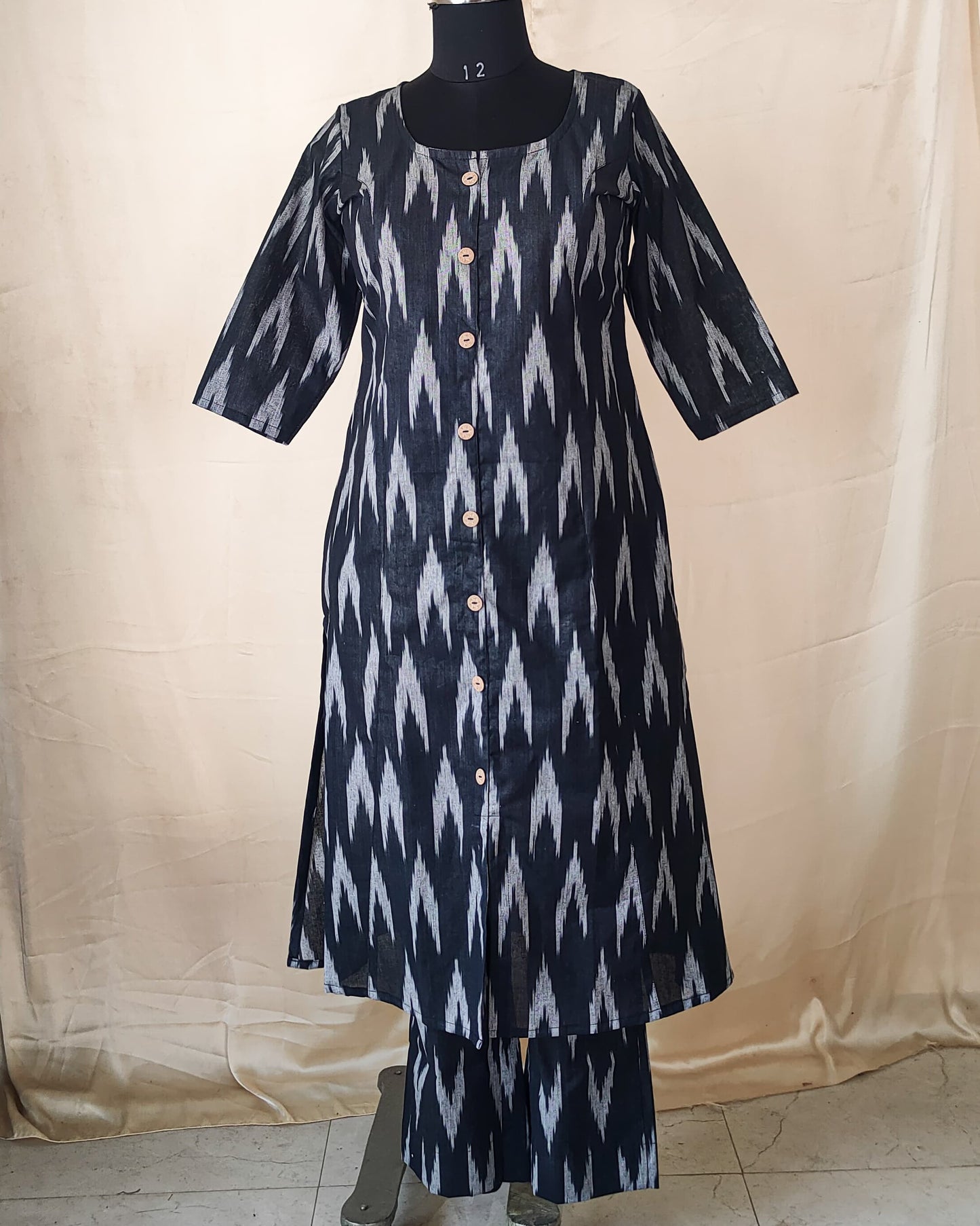 97 Black ikkat A-line co-ord set with buttons