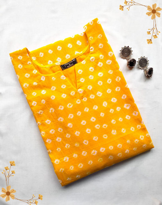 44 Yellow Bandhani Mul Cotton Kurti With Lining