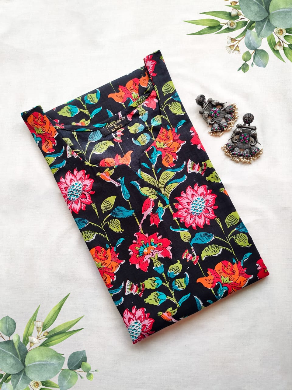 38 Black Floral Print Kurti