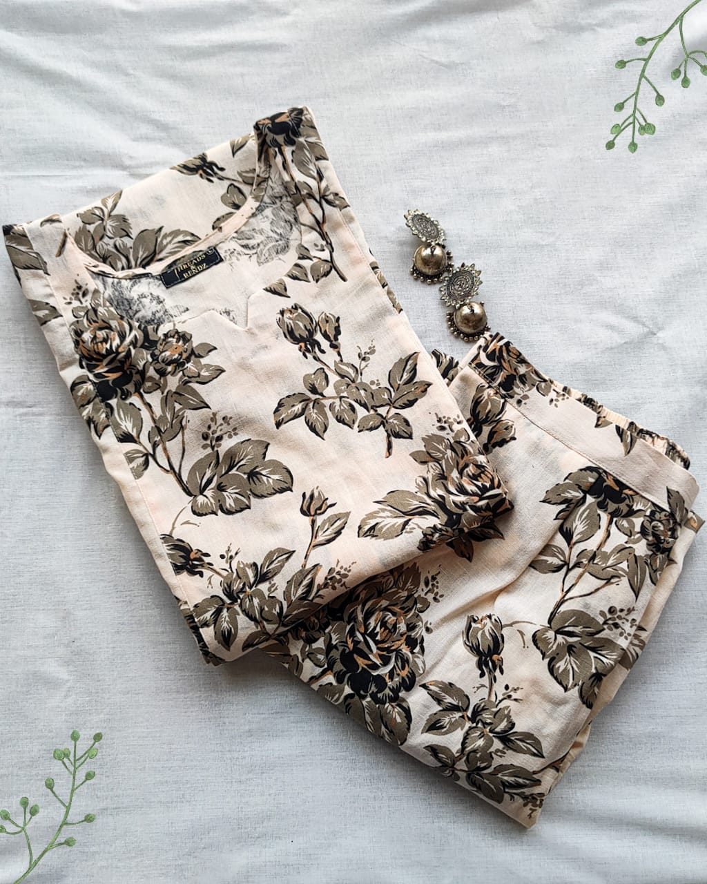103 Cream floral print cotton co-ord set